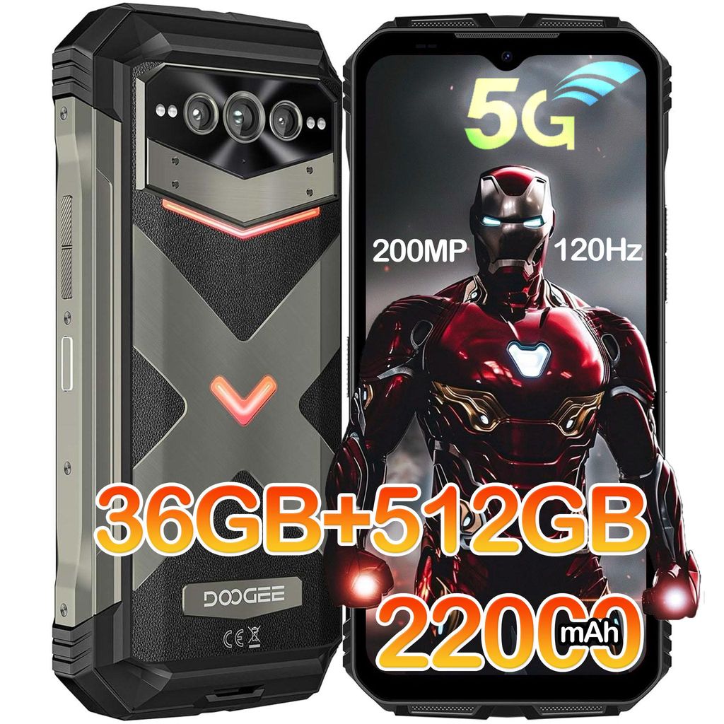 A product image showing a rugged smartphone with its screen displaying a graphic of Iron Man and marketing text.
