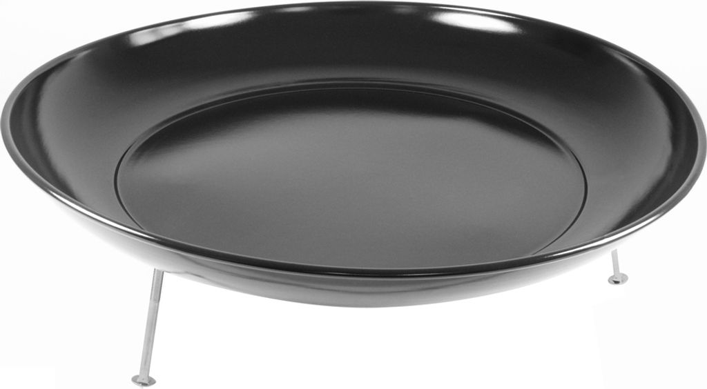 A black fire bowl with three silver legs, shown from a diagonal angle on a white background.