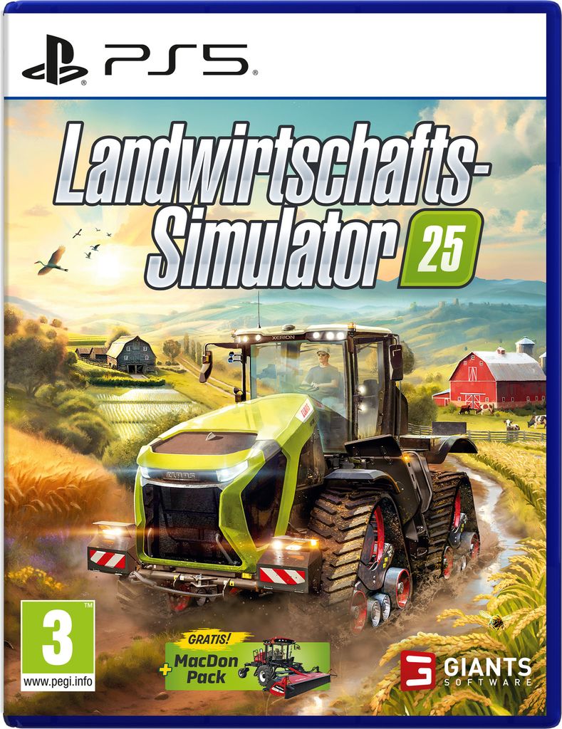 The image shows the front cover of the PS5 game "Landwirtschafts-Simulator 25". It features a large tractor in the foreground, with a farm landscape in the background.