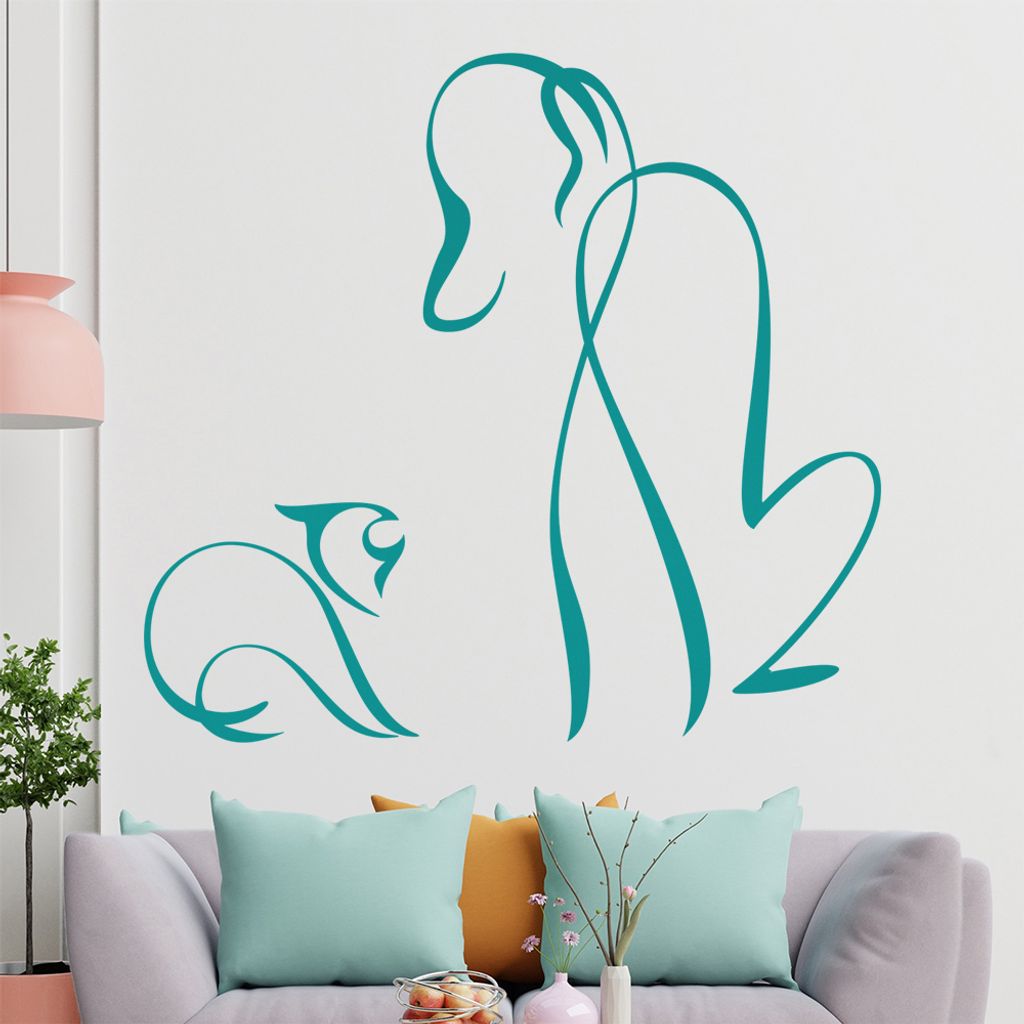 Hund und Katze Linien Wandtattoo in 6 Größen - Wandaufkleber Wall Sticker - Dekoration, Küche, Wohnzimmer, Schlafzimmer, Badezimmer