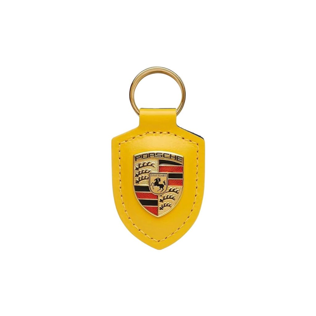 Schlüsselanhänger für Porsche Gelb – Premium Leder Schlüsselanhänger mit Wappen-Design und Metallring