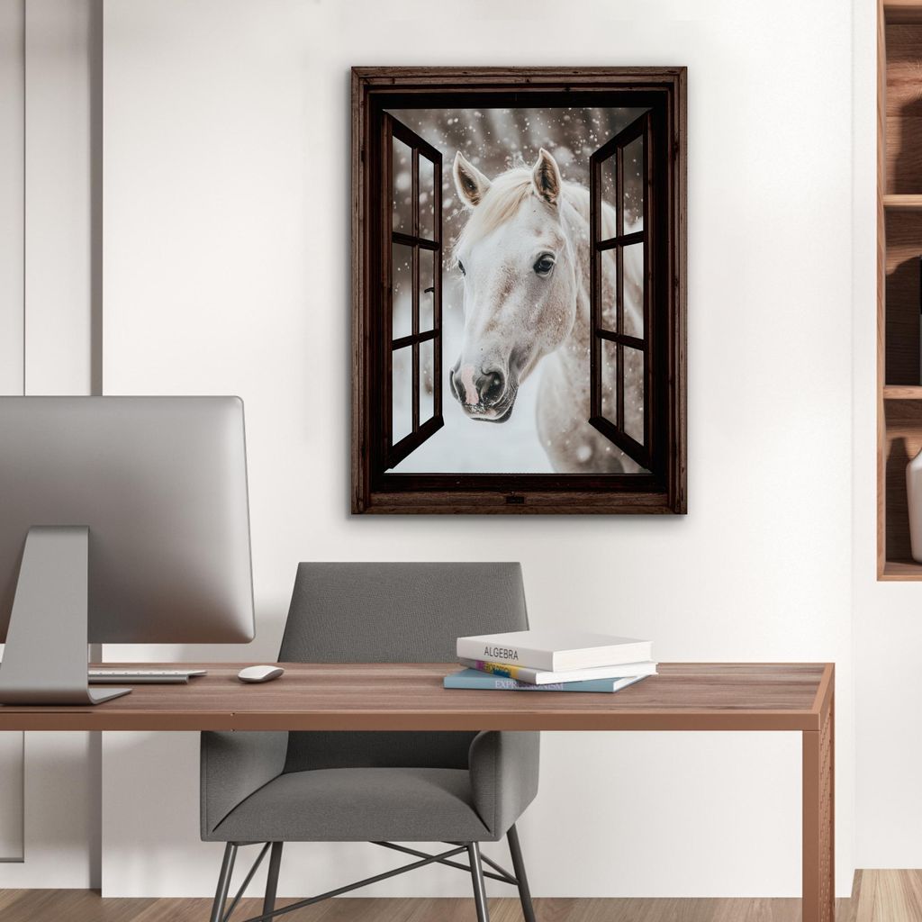 MuchoWow Wanddekoration Metall Metallbild Wandkunst 60x80 cm Durchsichtig - Pferd - Weiß - Winterlandschaft - Schnee MuchoWow Aluminium Gemälde -...