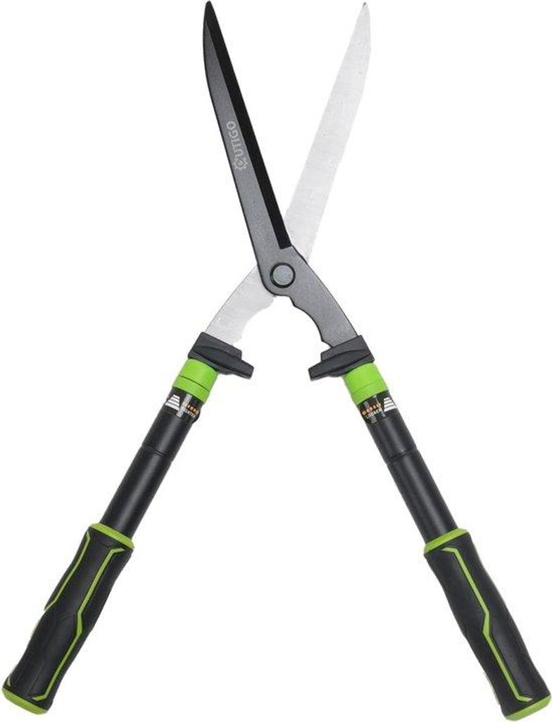 Buxus-Schere 560 mm, mit geriffelter Kante, Schlagpuffer, ergonomische Handgriffe, verstellbare Messpannung.