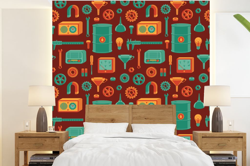 MuchoWow Fototapete für Wohnzimmer oder Schlafzimmer Wandtapete Vinyl Motivtapete Muster - Retro - Werkzeuge - 240x260 cm - Tapezier Papier