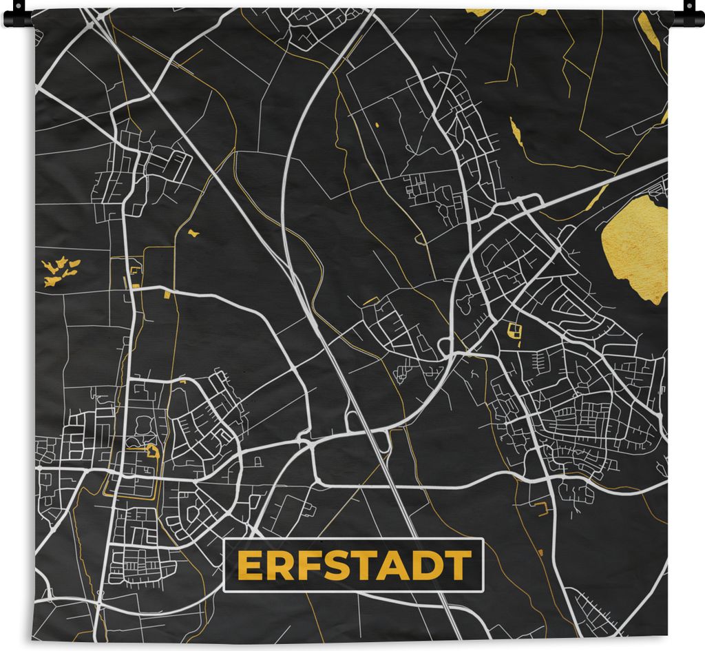 MuchoWow Wandteppich Wandbehang Schwarz und Gold - Stadtplan - Erfstadt - Deutschland - Karte 150x150 cm Tapisserie Dekoration Wandtuch - Wohnacc...