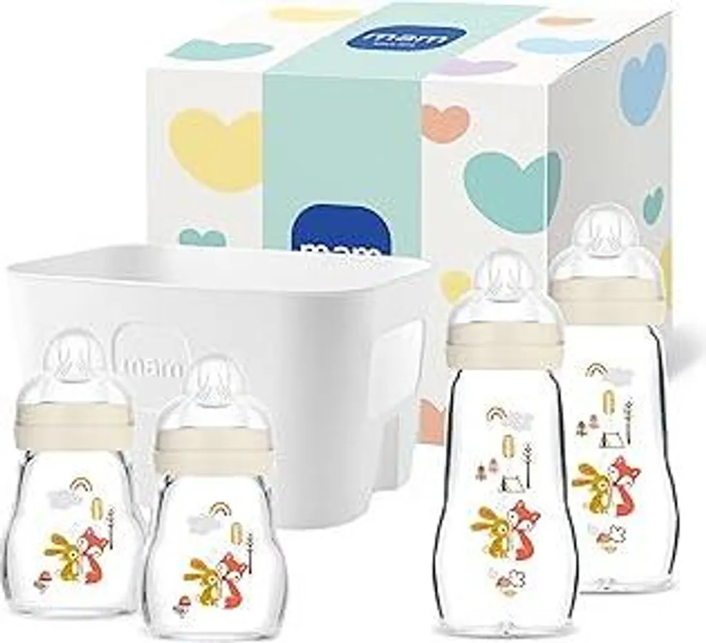 MAM Feel Good Set di biberon in vetro | 0+ Mon | Set di biberon per neonati | 94% di accettazione | adatto all'allattamento al seno | igienico | 4 biberon in vetro e 1 cestino per biberon | beige