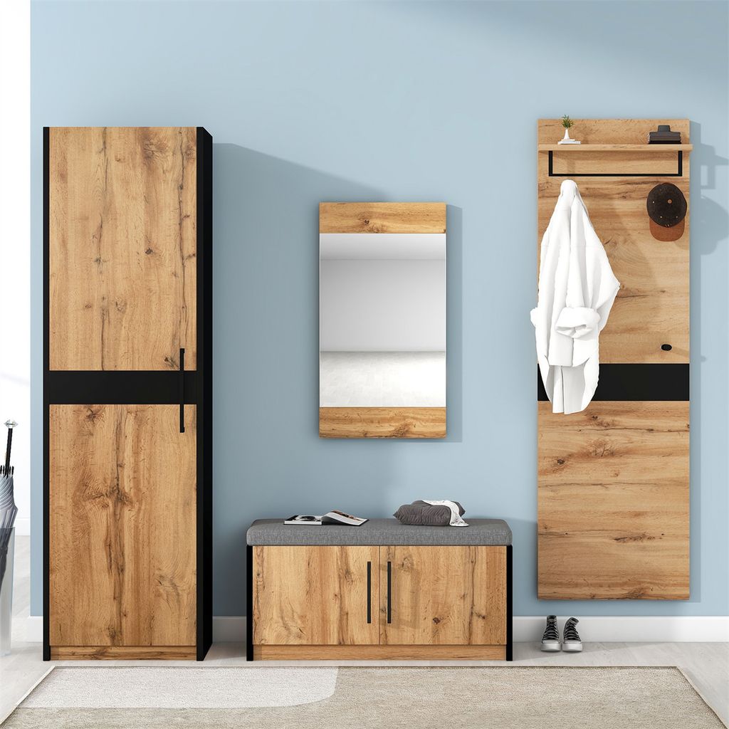 Garderoben Set,4-teilig mit Spiegel und Sitzbank,Garderobenmöbel,mit 4 Kleiderhaken, Stangen und Ablage, Praktischer Wandgarderobe