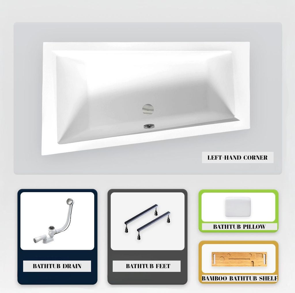 Asymmetrische Badewanne - 160 x 90 cm - Links - ohne Verkleidung - mit Füßen - Kopfstütze - Bambusablage - Ablaufgarnitur Chrom - INTIMA