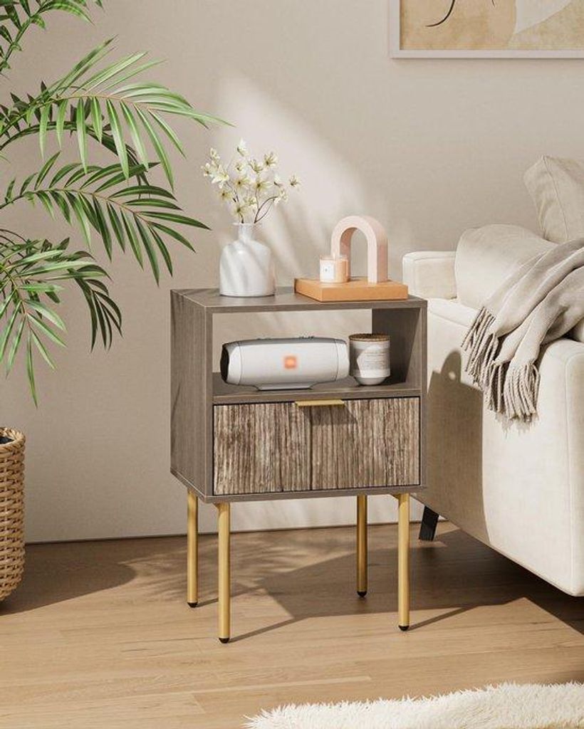 Unyqoos Elegantes graues Nachttisch mit offener Ablage und Schublade für Schlafzimmer und Wohnzimmer