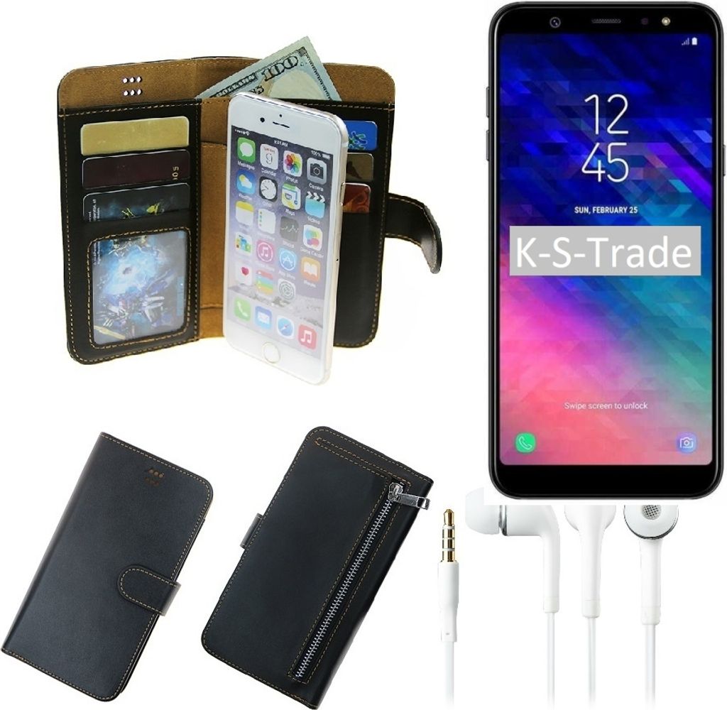TOP SET Handy Hülle Schutz Hülle kompatibel mit Samsung Galaxy A6+ (2018) schwarz aus Kunstleder + Kopfhörer Smartphone Tasche vollwertige