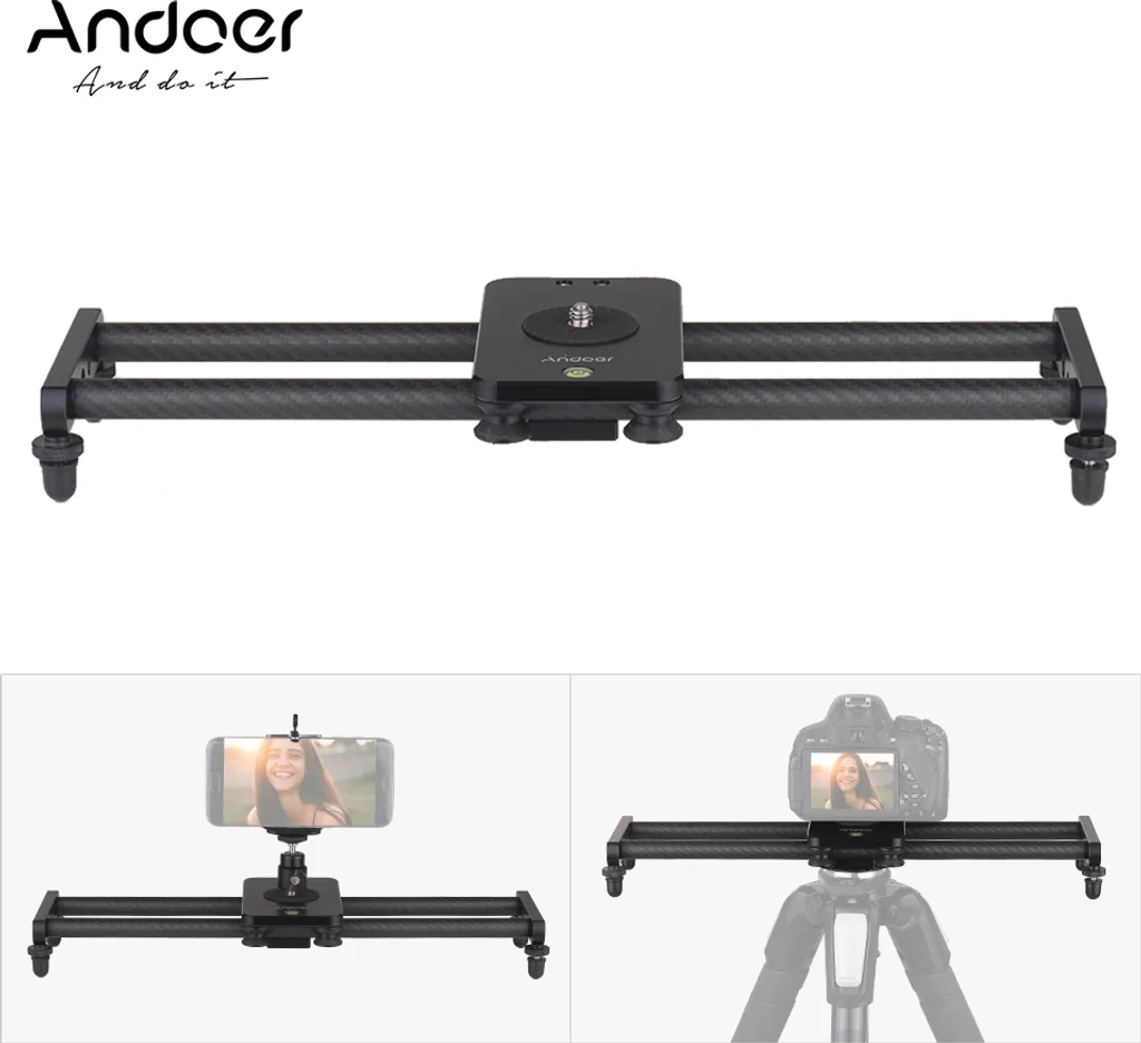 Andoer Slider Caméra 40cm en Carbone avec Tête Sphérique et Clip Smartphone