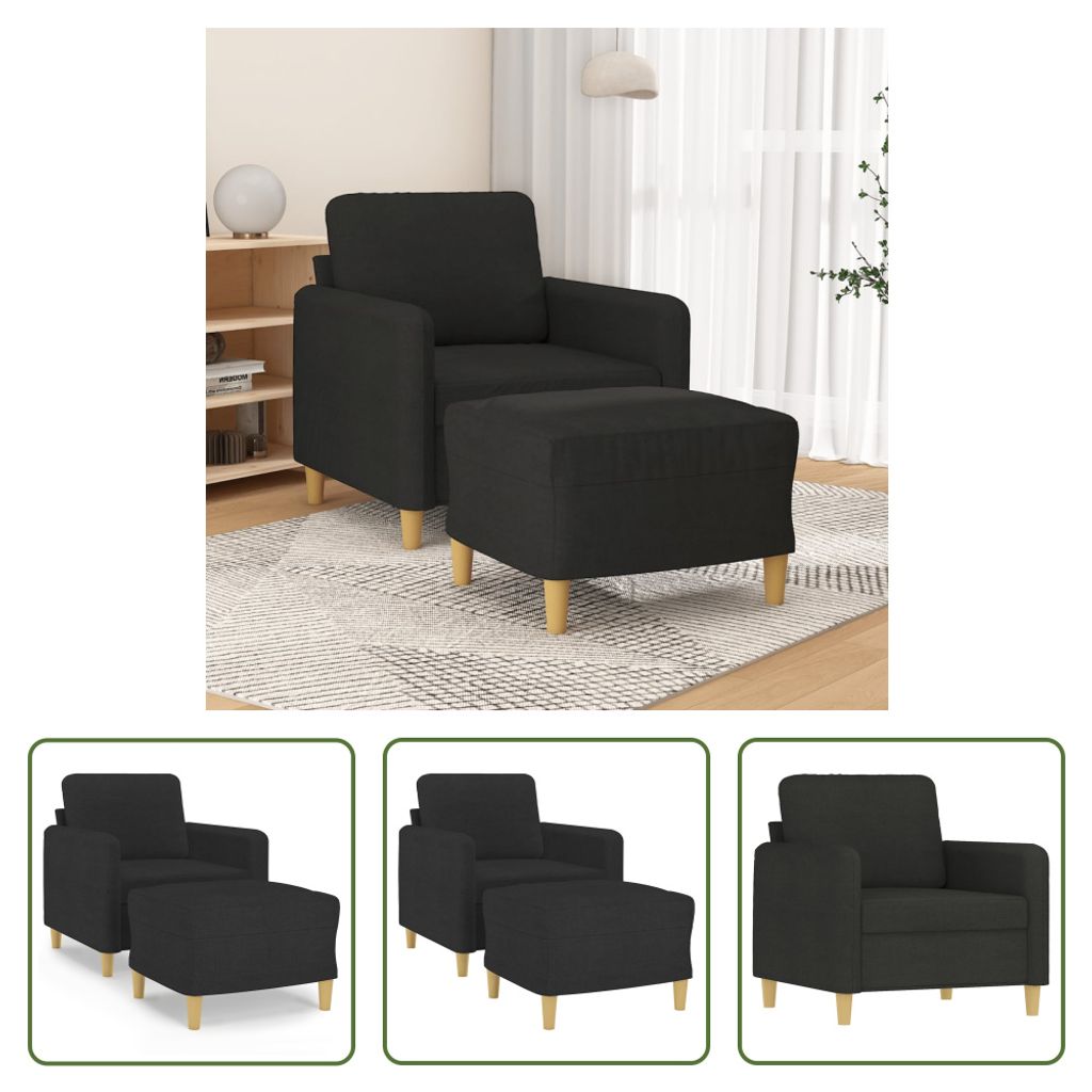 The Living Store Sessel mit Hocker Schwarz 60 cm Stoff