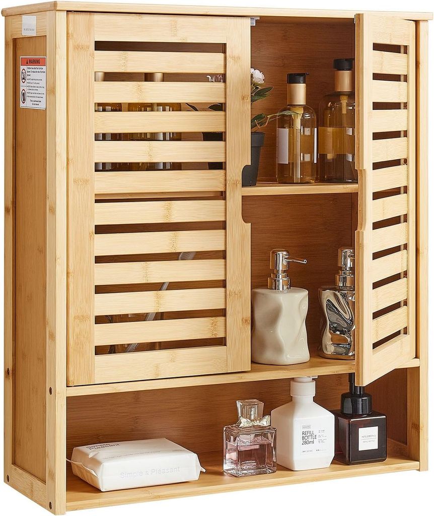 Badezimmer Wandschrank - Medizinschrank zur Wandmontage - 2 Türen - Verstellbare Einlegeböden - Offenes Fach - Über der Toilette