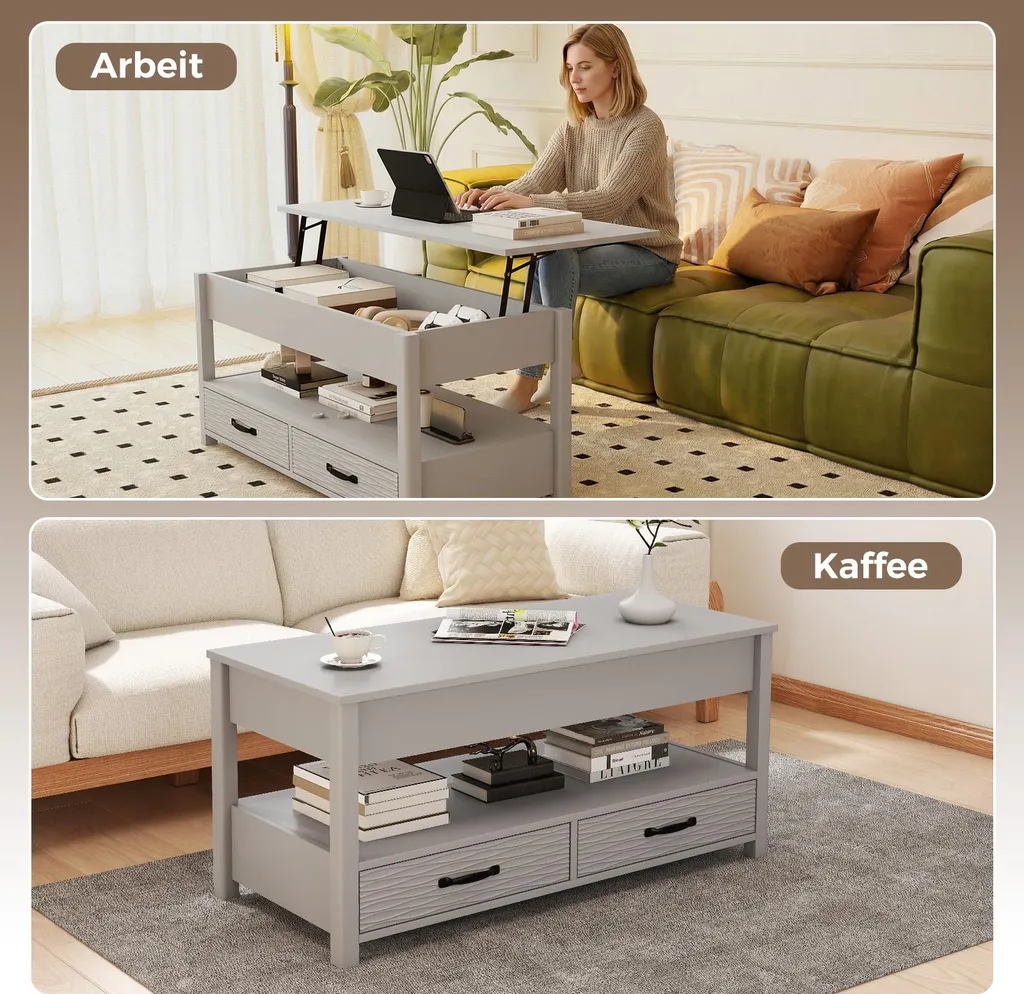 Table basse transformable grise bois avec rangement et plateau relevable - 7