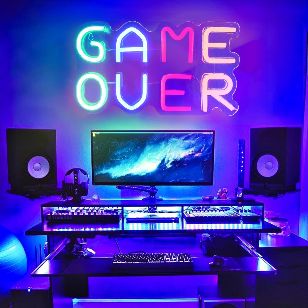 OKWISH Game Over Neon Schild,Wand Spiel Led Schild,Game Neon Sign für Spielzone Party Zimmer Deko Shop Zuhause Küche Wanddekoration Bar Restauran...