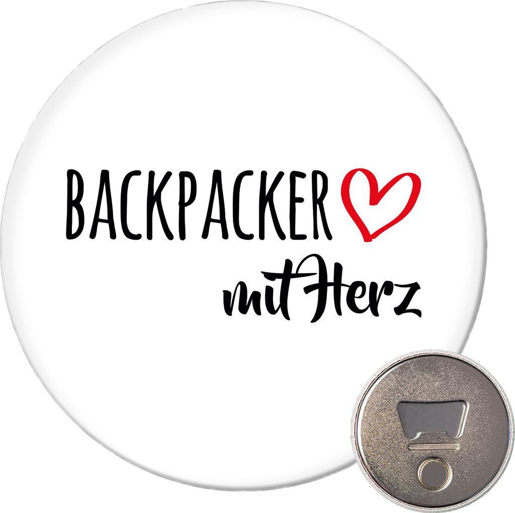 Huuraa Magnet Backpacker mit Herz 59mm Kühlschrankmagnet rund Flaschenöffner Geschenkidee