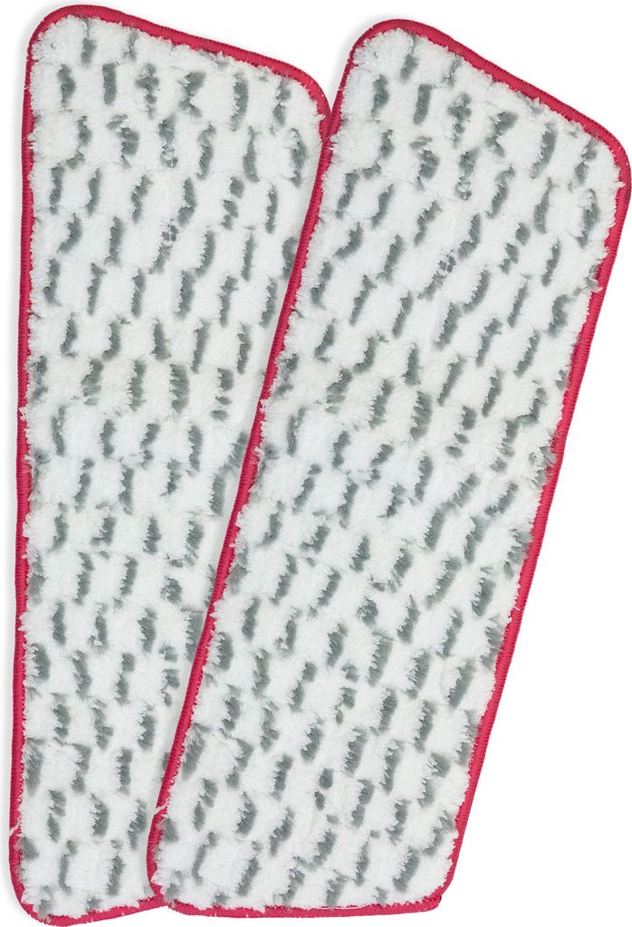 Two mop pads with pink trim are laid out side-by-side on a white background.