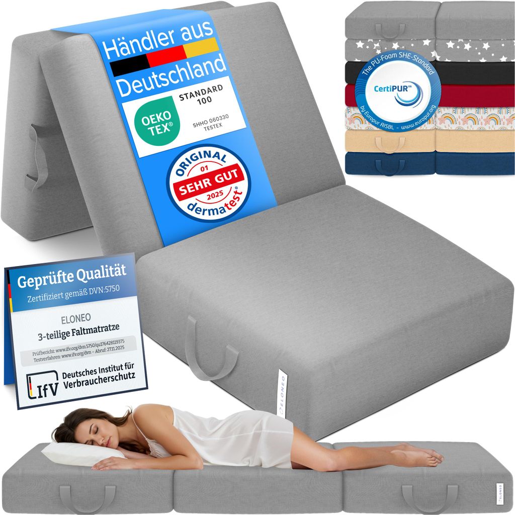 ELONEO Klappmatratze, Gästematratze, 3-teilige Faltmatratze, Schaumstoff extra dick(15cm), Bandscheibenwürfel, klappbar, faltbare Matratze, (Grau)