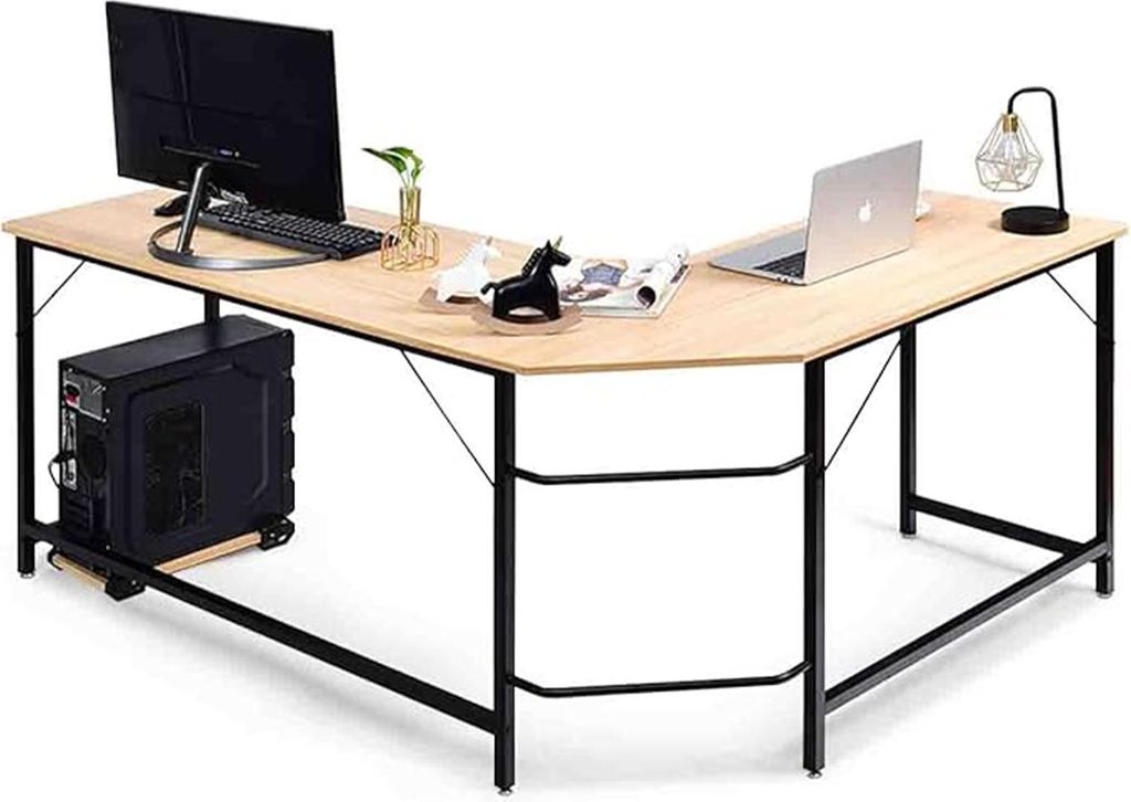 L-förmiger PC-Tisch, Computertisch mit CPU-Ständer, Steckdosen, USB-Anschlüssen, stabilem Metallrahmen & platzsparendem Design, Braun