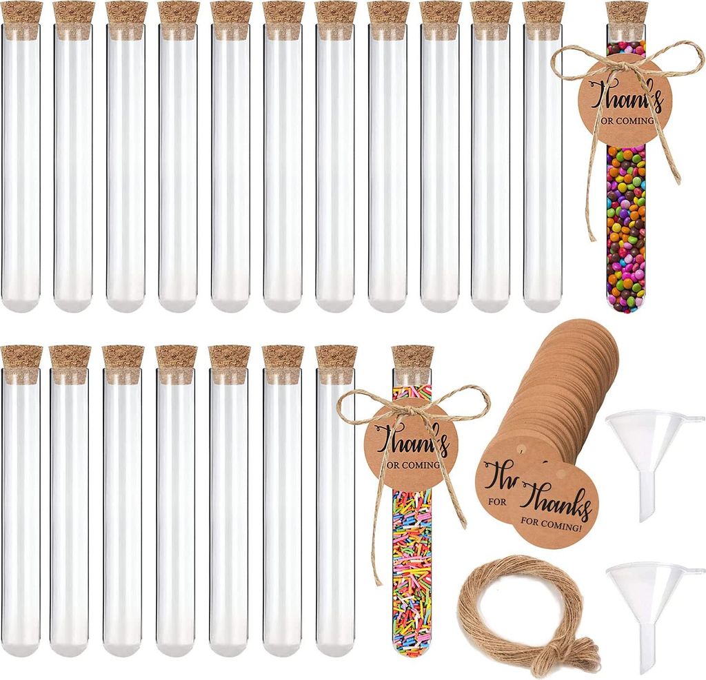 42 Stück Reagenzglas mit Korken 14ml Reagenzgläser mit Korken + 50 Pcs Kraftpapieranhänger + 20m Juteschnur Reagenzglas Kunststoff für Hochzeit...