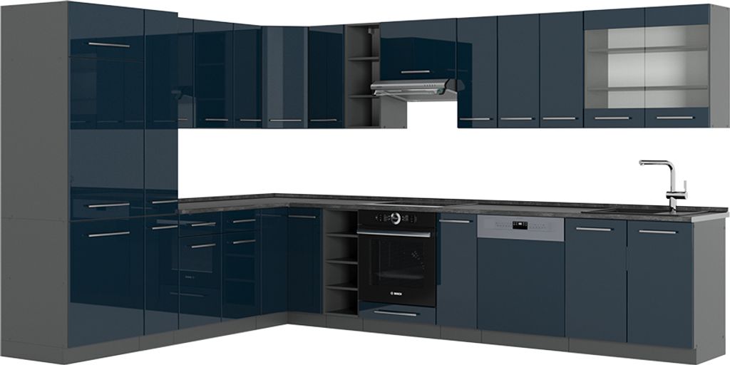 Eckküche Vicco Fame-Line Dunkelblau Hochglanz/Anthrazit 347 x 46 cm ohne Arbeitsplatte, Model 49747