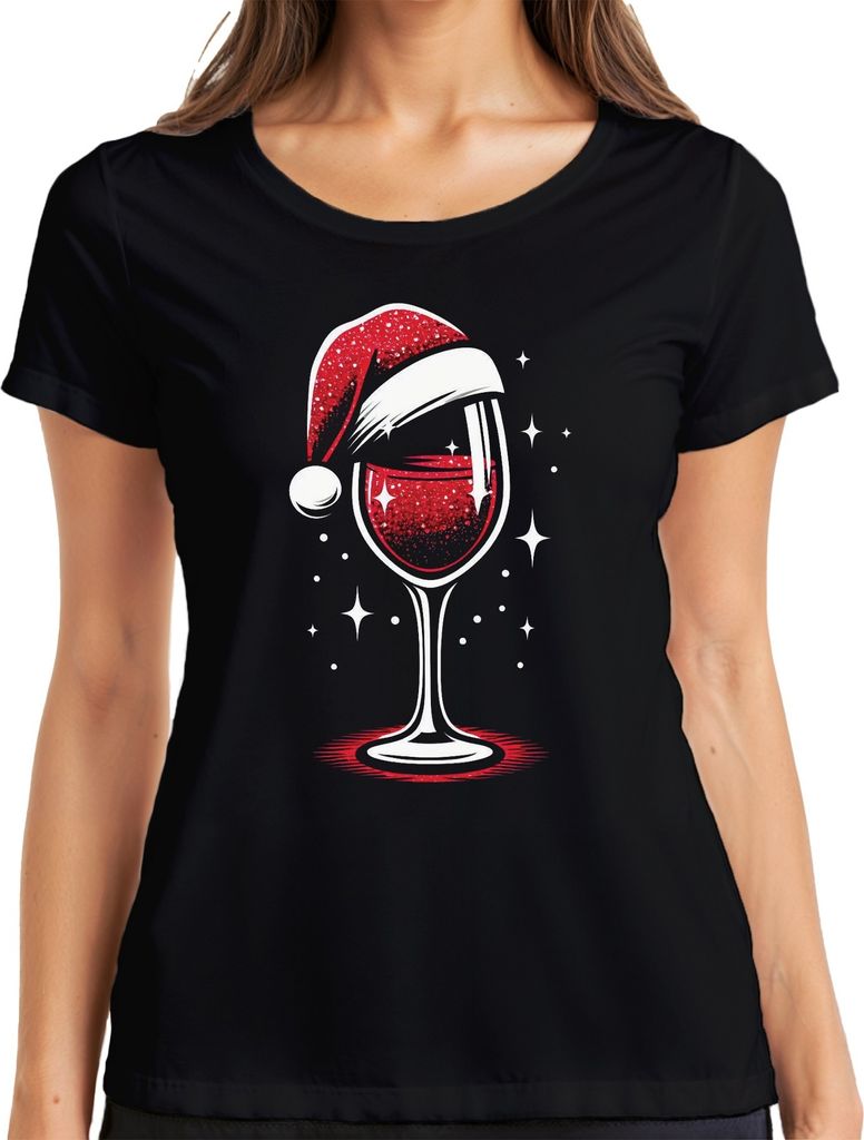 Wein Weihnachtsmütze Weinglas Winzer Weinliebhaber - Weihnachten Weihnachtsgeschenk Christmas Damen T-Shirt, Schwarz, XXL