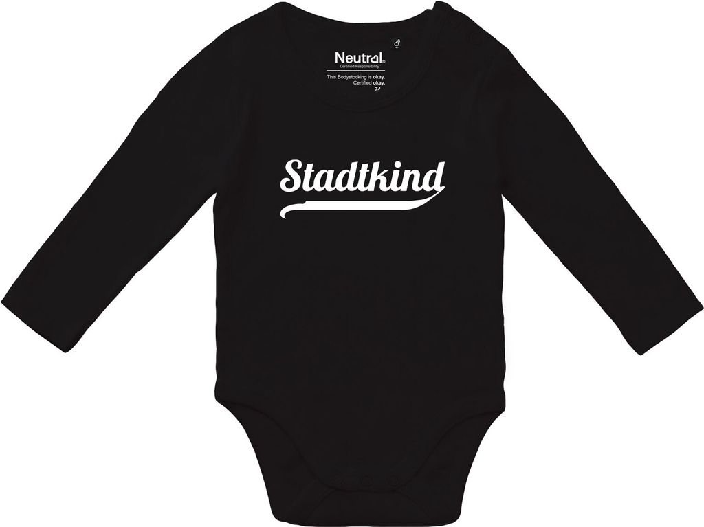 Huuraa Baby Body Stadtkind Schriftzug 74 Black Baumwolle Fairtrade Langarmbody Geschenkidee
