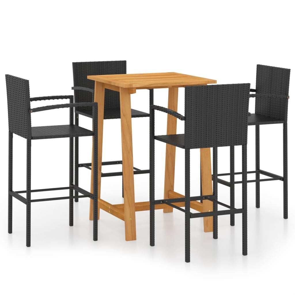 Gartenbar-Set 4-Sitzer Schwarz, Akazienholz & Polyrattan, Tisch 70x70x104 cm, Sitzhöhe 80 cm