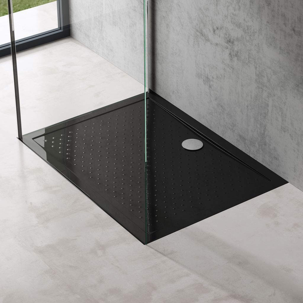 doporro Duschtasse Duschwanne 80x110x4 flach inkl. Ablaufgarnitur Schwarz aus Acryl mit Anti-Rutsch Profil und DIN-Anschlüssen auch für bodeneben...