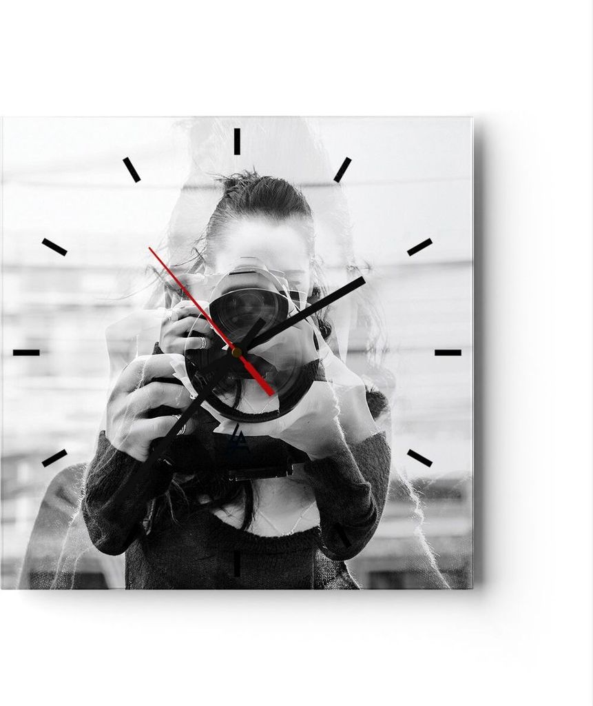 Wanduhr - Quadrat - Glasuhr - Fotograf Schwarzweiß Doppel - 30x30cm - Schleichendes Uhrwerk - Lautlos - zum Aufhängen bereit - Dekoration Modern ...