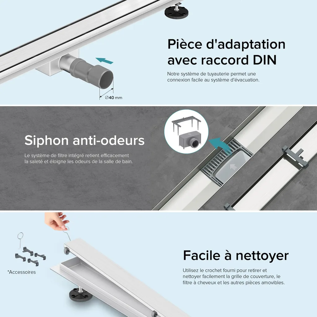 Caniveau de Douche Extra Plat 60cm Inox Chromé avec Siphon Anti-Odeur - 6