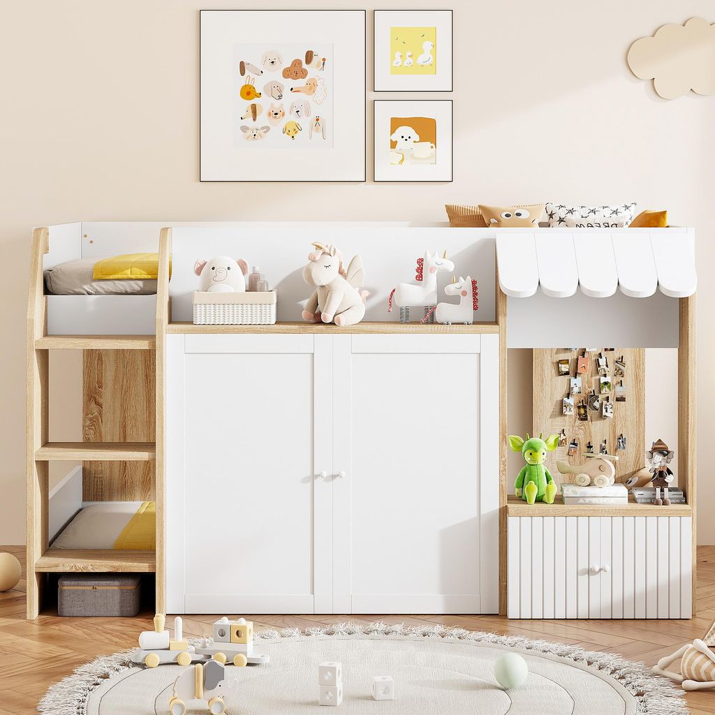 A children's loft bed with storage and a playhouse-like facade, decorated with toys and artwork.