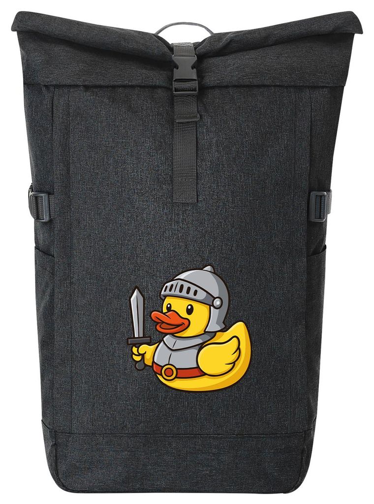 Huuraa Kurierrucksack Quietscheente Ritter Gummiente Mittelalter 30-44 Liter Black Melange Fairtrade Rolltop Rucksack Geschenkidee