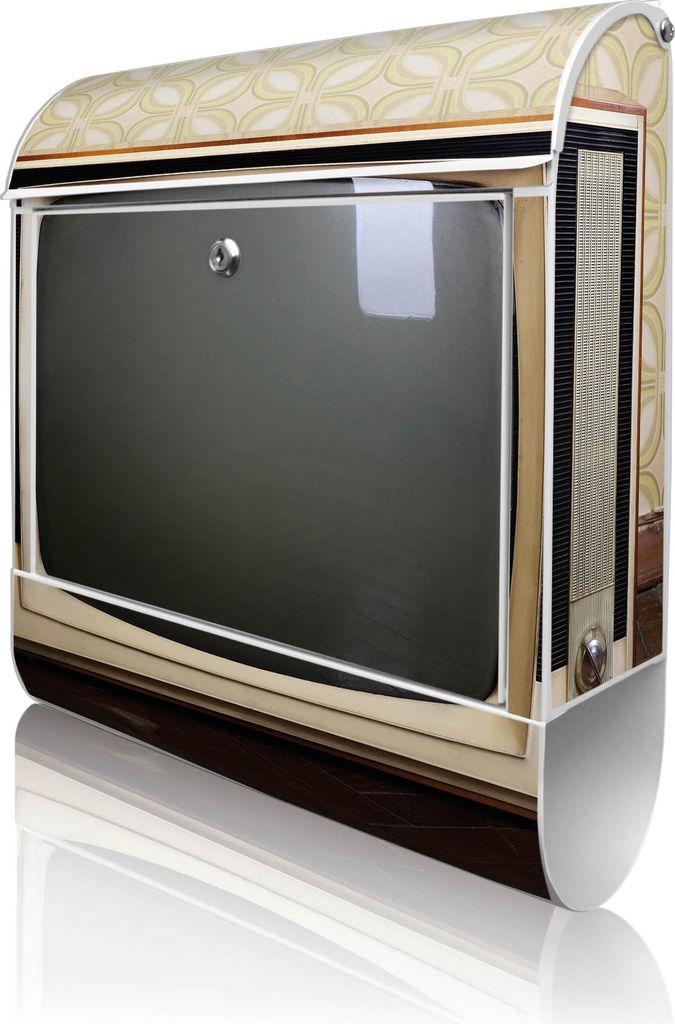 banjado Design Briefkasten Stahl weiß mit Zeitungsfach pulverbeschichtet "Schwarzweiß TV" 38x46x12,5cm & 2 Schlüssel - Postkasten A4 Einwurf ink...