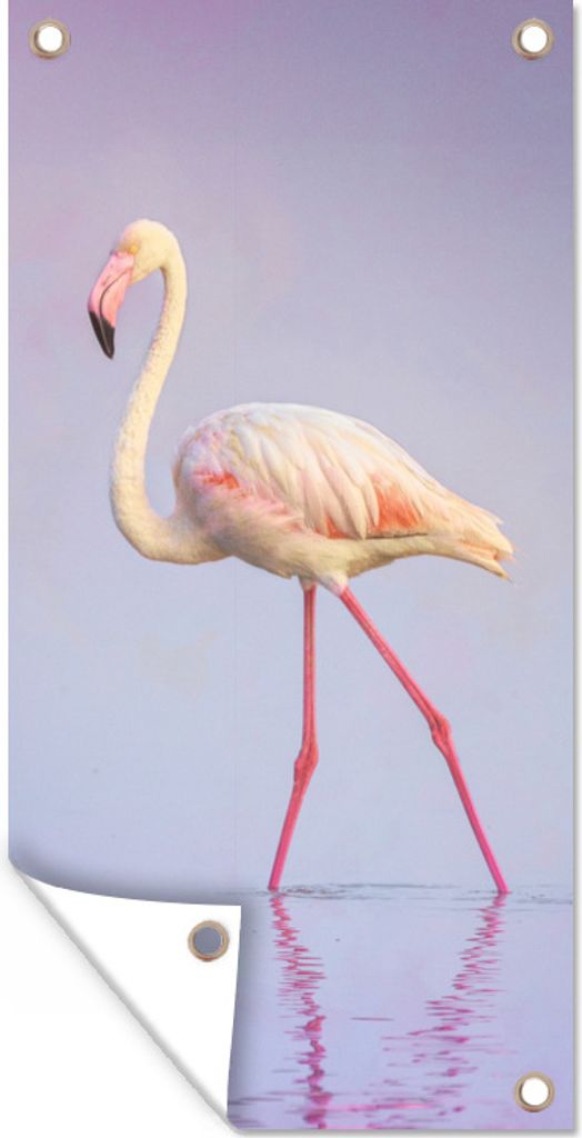 MuchoWow 30x60 cm Outdoor-Poster Gartendeko Sichtschutz Garten Poster für den Garten Flamingo - Wasser - Rosa