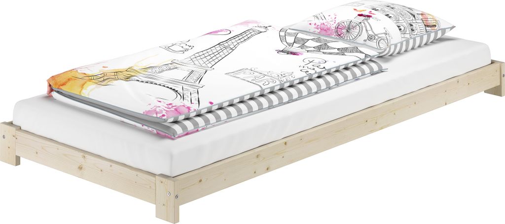 Niederflurbett Einzelbett 90x200 Fichte/Tanne massiv unbehandelt mit wählbarem Zubehör V-60.85N-09ohne Zubehör