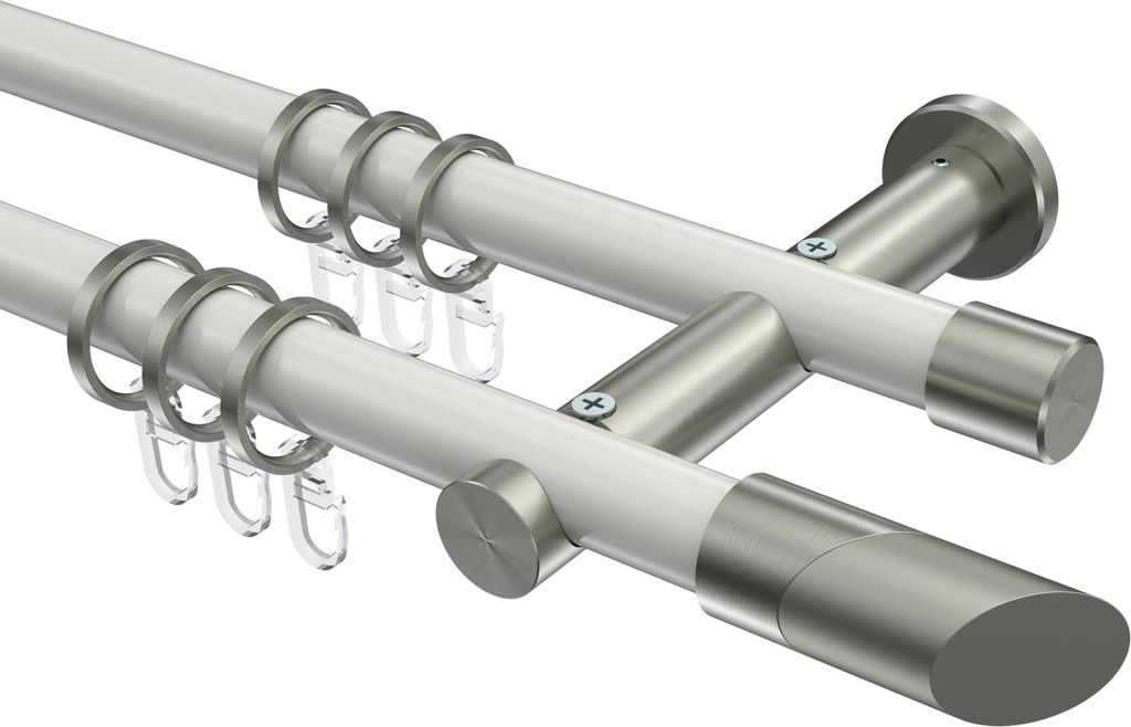 Interdeco Gardinenstange / Vorhangstange Weiß / Edelstahl-Optik, Typ Platon Verano (Schräge Bicolor), 20 mm Ø 2-läufig, 120 cm