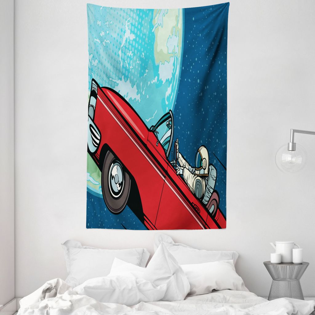 ABAKUHAUS Fantasie Wandteppich und Tagesdecke, Kosmonaut in einem Auto aus Weiches Mikrofaser Stoff Waschbar ohne Verblassen Digitaldruck, 140 x 23...