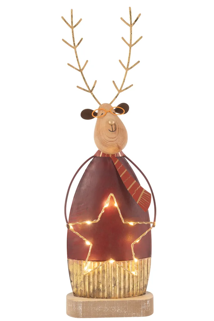 J-Line Renne Déco de Noël avec Écharpe et Verres LED Or Large - Métal