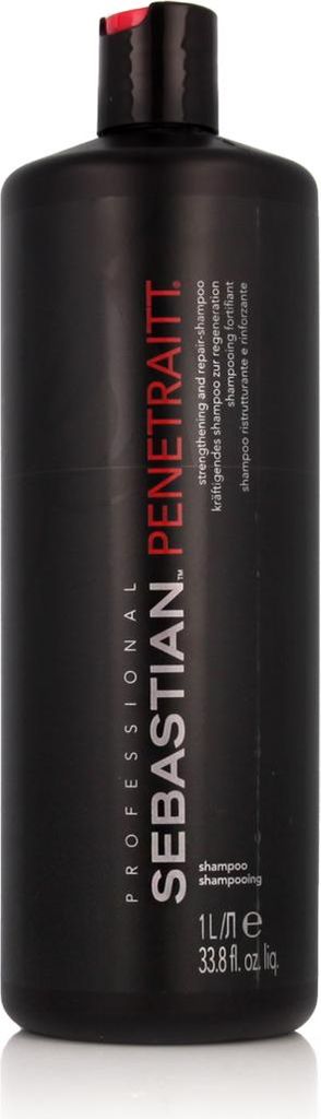 A black bottle of Sebastian Professional Penetraitt Shampoo is shown against a white background.