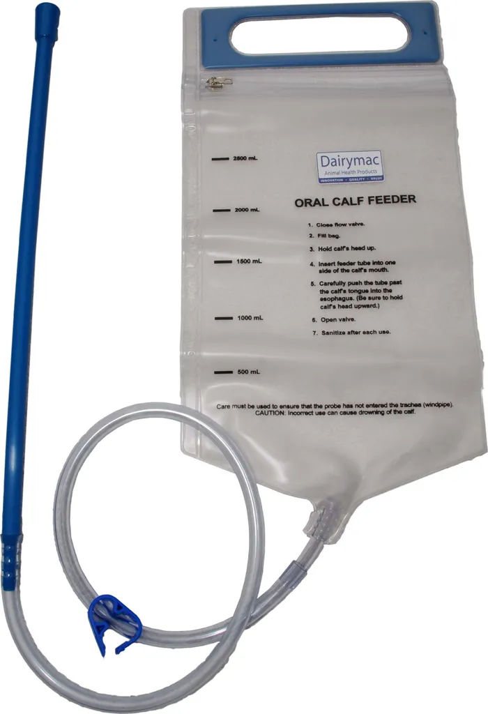 Sac de drenchage pour veau avec sonde gastrique et zip de remplissage