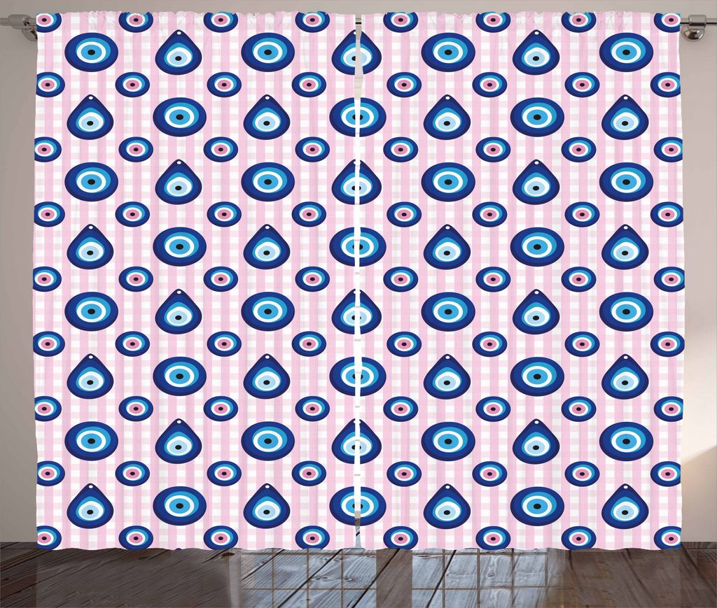 ABAKUHAUS Evil Eye Rustikaler Gardine, Perlenformen Checkered, Schlafzimmer Kräuselband Vorhang mit Schlaufen und Haken, 280 x 175 cm, Weiß Blau ...