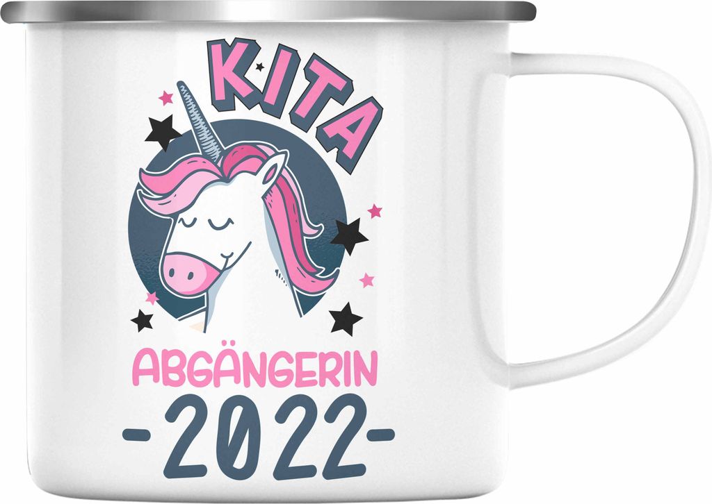 Trendation - Kita Abgängerin 2022 Schulstart Emaille Tasse Geschenk Mädchen Einschulung Schulanfang Erster Schultag Idee (Silber)