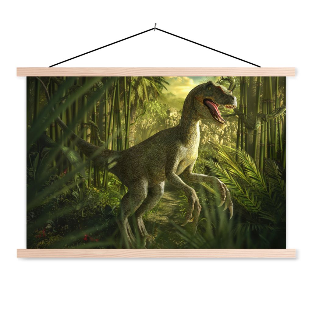 MuchoWow Textilposter Dinosaurier - Pflanzen - Grün - Illustration - Kinder - Jungen 60x40 cm mit holzfarbenen Rahmen - Bilder