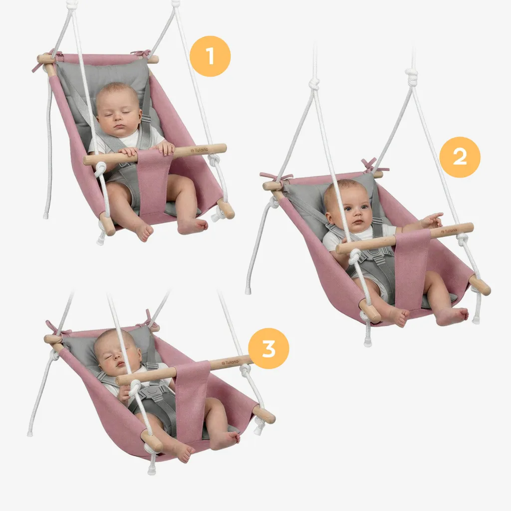 Tulano Hop 40 Altalena Neonato 3in1 in Legno | Fino a 60kg | Rosa-Grigio - 4