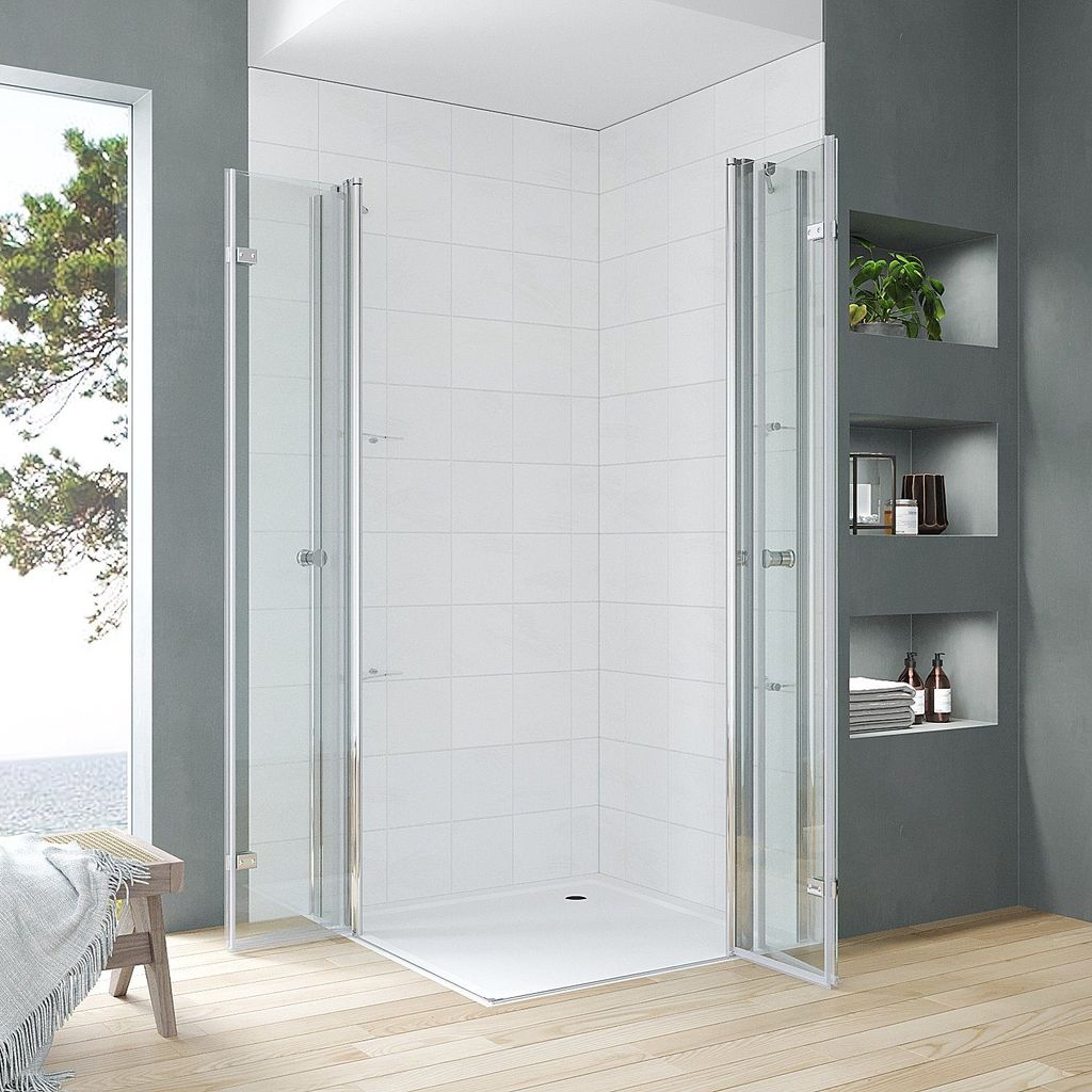 Duschkabine 95x100cm Eckeinstieg aus stabilem ESG Sicherheitsglas Falttür Duschwand Dusche Duschabtrennung Eckdusche Doppeltüren an Festteilen mi...