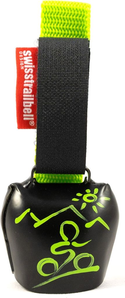 swisstrailbell Black mit grünem Mountainbiker, grünes Band
