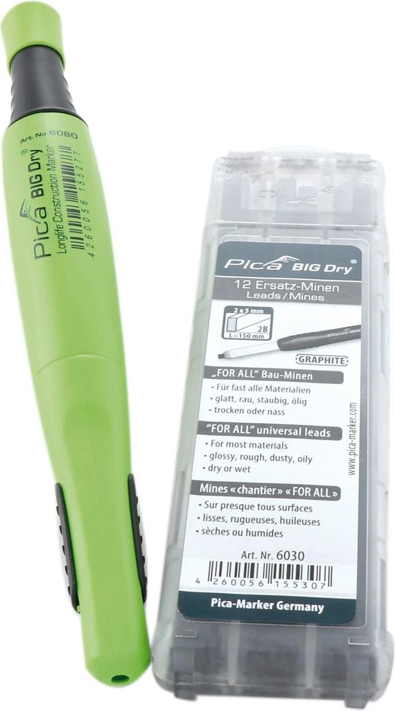 Pica Big Dry Zimmermannsbleistift Markierstift Graphit-Bleistift 2B Mine + Minen