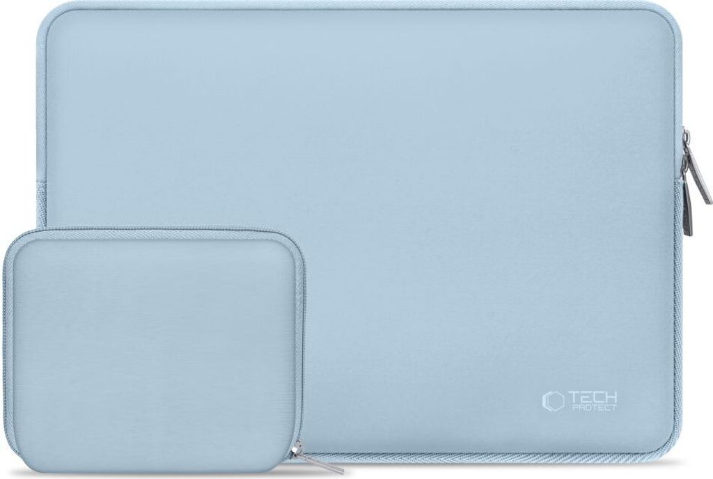 A light blue laptop sleeve and a smaller matching pouch are shown on a white background.