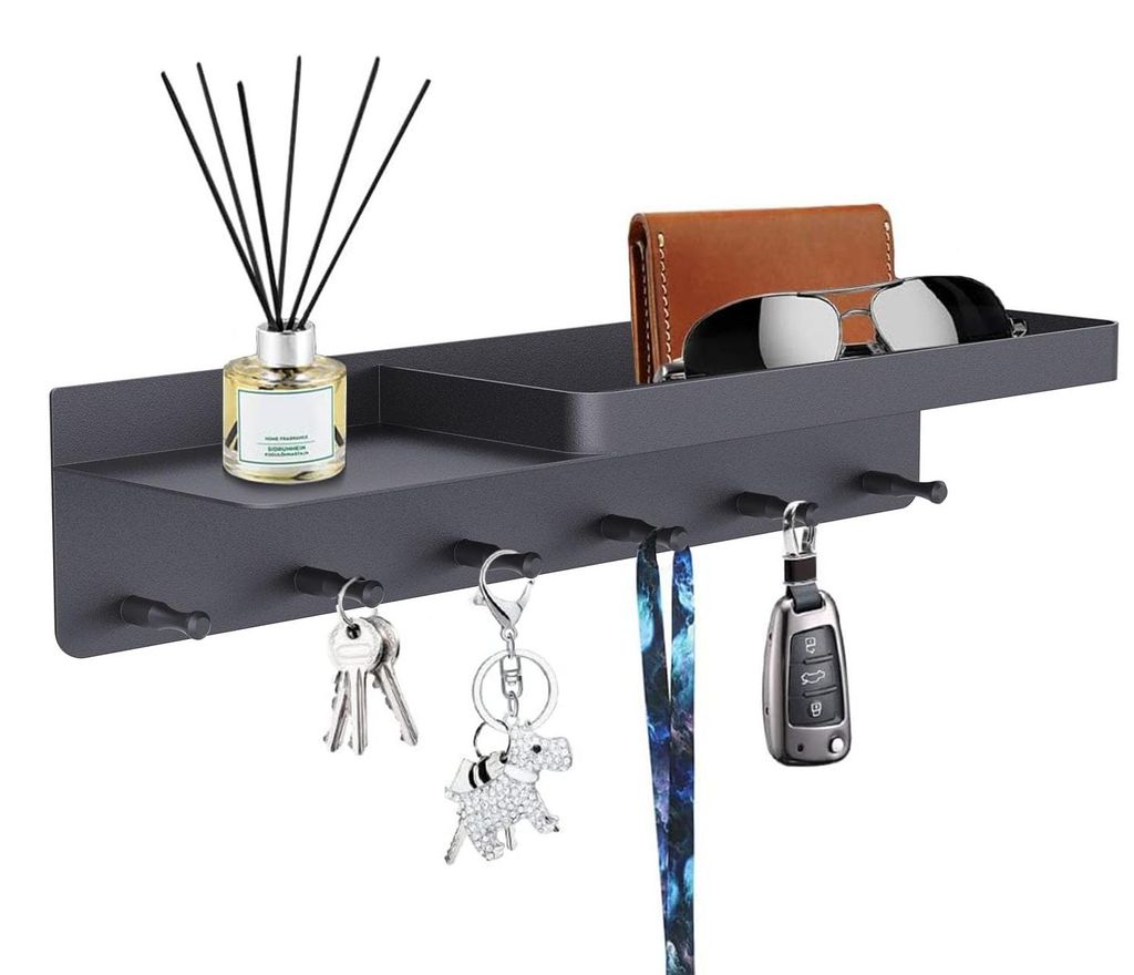 Wandmontierter Schlüsselhalter mit Ablage und 6 Haken, schwarz, kein Bohren erforderlich, für Eingangsbereich, Flur, Küche.